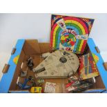 A box of mixed period toys to include Star Wars and others.