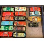 A tray of mostly tinplate cars, circa 1950s.