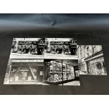 Five black and white photographs of early shop fronts, including cycle shops crammed with