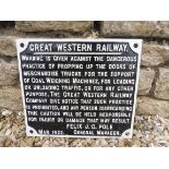 A Great Western Railway cast iron sign, possibly reproduction, 14 1/4 x 12 3/4".