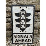 A reproduction cast aluminium road sign 'Signals Ahead' by Branco, 12 x 21 1/2".