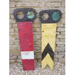 A pair of British Railways enamel signal arms, overpainted, plus with home-made simulated