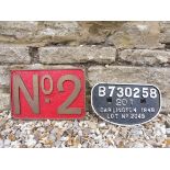 A cast bronze plaque, 'No.2', age unknown, 12 x 8" plus a wagon plaque 20T Darlington 1949, 11 x 6