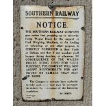 A Southern Railway 'Notice' enamel sign, 11 3/4 x 17 3/4".