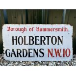 A Borough of Hammersmith Holberton Gardens rectangular enamel sign, 34 x 18".