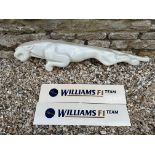 A garage showroom leaping Jaguar plastic sign 48 1/2" long, plus two Williams F1 plastic signs.