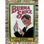A Burma Sauce pictorial enamel sign, 21 x 30", with some amateur restoration.