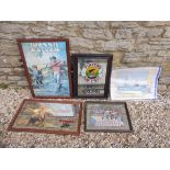 Three circa 1970s advertising mirrors, a reproduction Johnnie Walker print and one other.