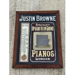A superb glass sign with combined thermometer advertising Justin Browne Pianos of London, by Forrest