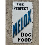 A Melox Dog Food rectangular enamel sign in excellent condition, 14 1/4 x 30 1/4".