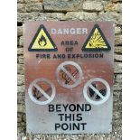 A mining or quarrying Danger Area Fire and Explosion sign, 28 x 36".