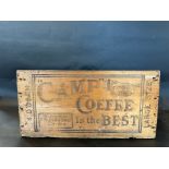 A large wooden shop display box bearing Camp Coffee advertising, 20" wide x 10" high x 15" deep.