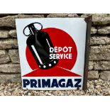 A double sided enamel sign with hanging flange advertising Primagaz, 17 1/2 x 19 1/2".