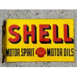 A Shell Motor Spirit and Motor Oils double sided enamel sign with hanging flange, two spots on