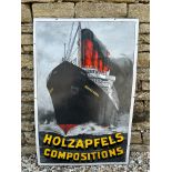 A rare pictorial enamel sign by Patent Enamel, advertising Holzapfels Compositions, depicting