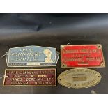 Four assorted metal name/information plaques including 'Press Equipment Limited', Crane Standard