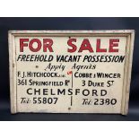A wooden estate agent's For Sale sign, F.J.Hitchcock or Cobbe & Wincer of Chelmsford, 30 x 21".