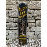 A wall mounted thermometer advertising sign bearing advertising for Allen's Radio Repairing, 8 1/4 x