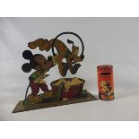 Two period Micky mouse items, to include a tinplate letter box and a static wooden display.