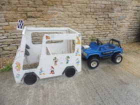 A fairground painted wooden ambulance and jeep.