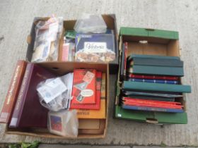 A collection in three boxes of stamps, first day issue, plus an album with penny reds etc.