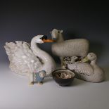 A Dillon Rudge studio pottery Duck, with head turned, tail damaged and repaired, L29cm, together