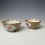 A pair of 18thC Chinese cafe-au-lait famille rose Bowls, the brown ground interspersed with shaped