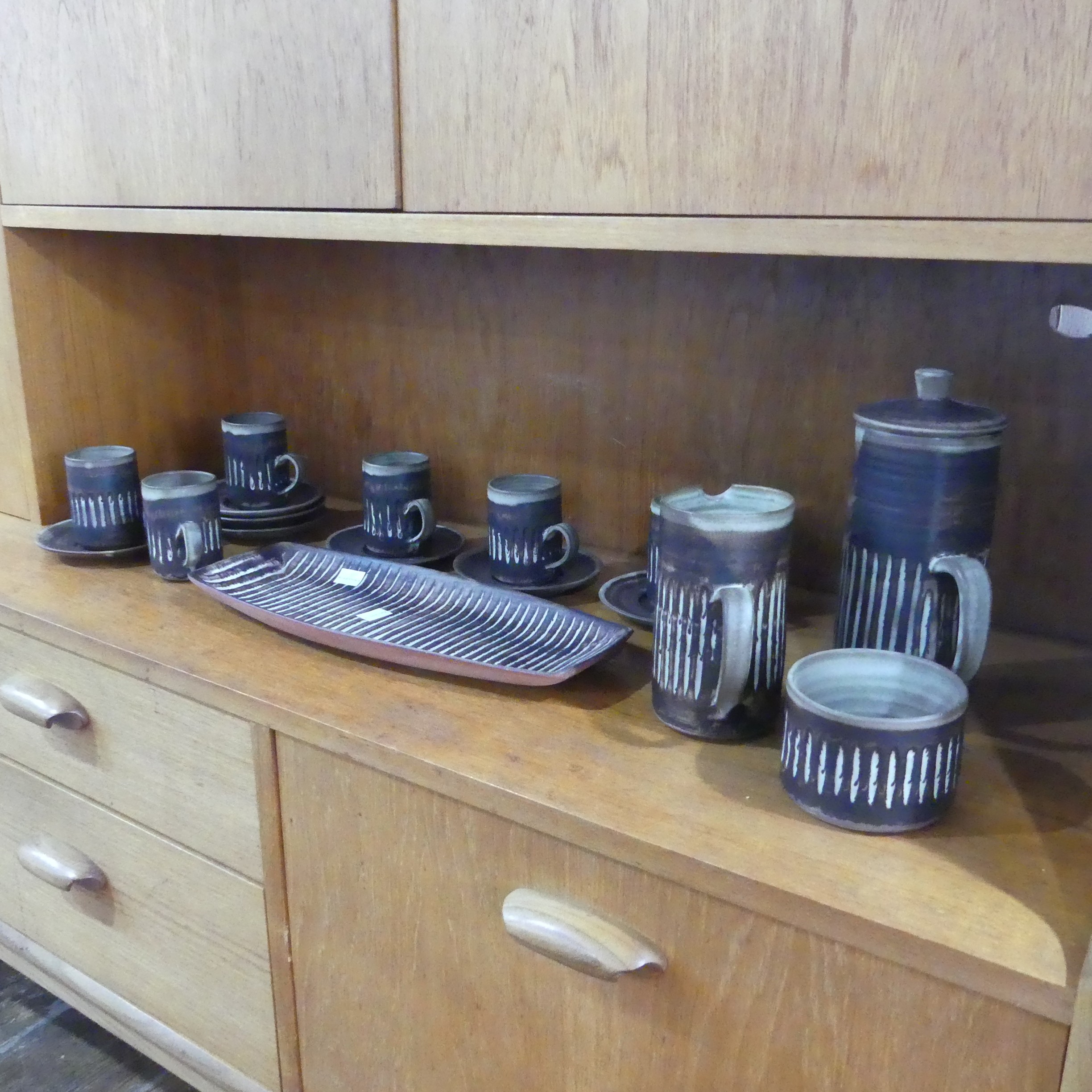 A Christine Hester Smith studio pottery Coffee Set, comprising six Coffee Cans and Saucers, Coffee - Image 2 of 4
