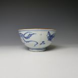 An antique Chinese blue and white porcelain Bowl, with underglaze blue decoration of birds, with