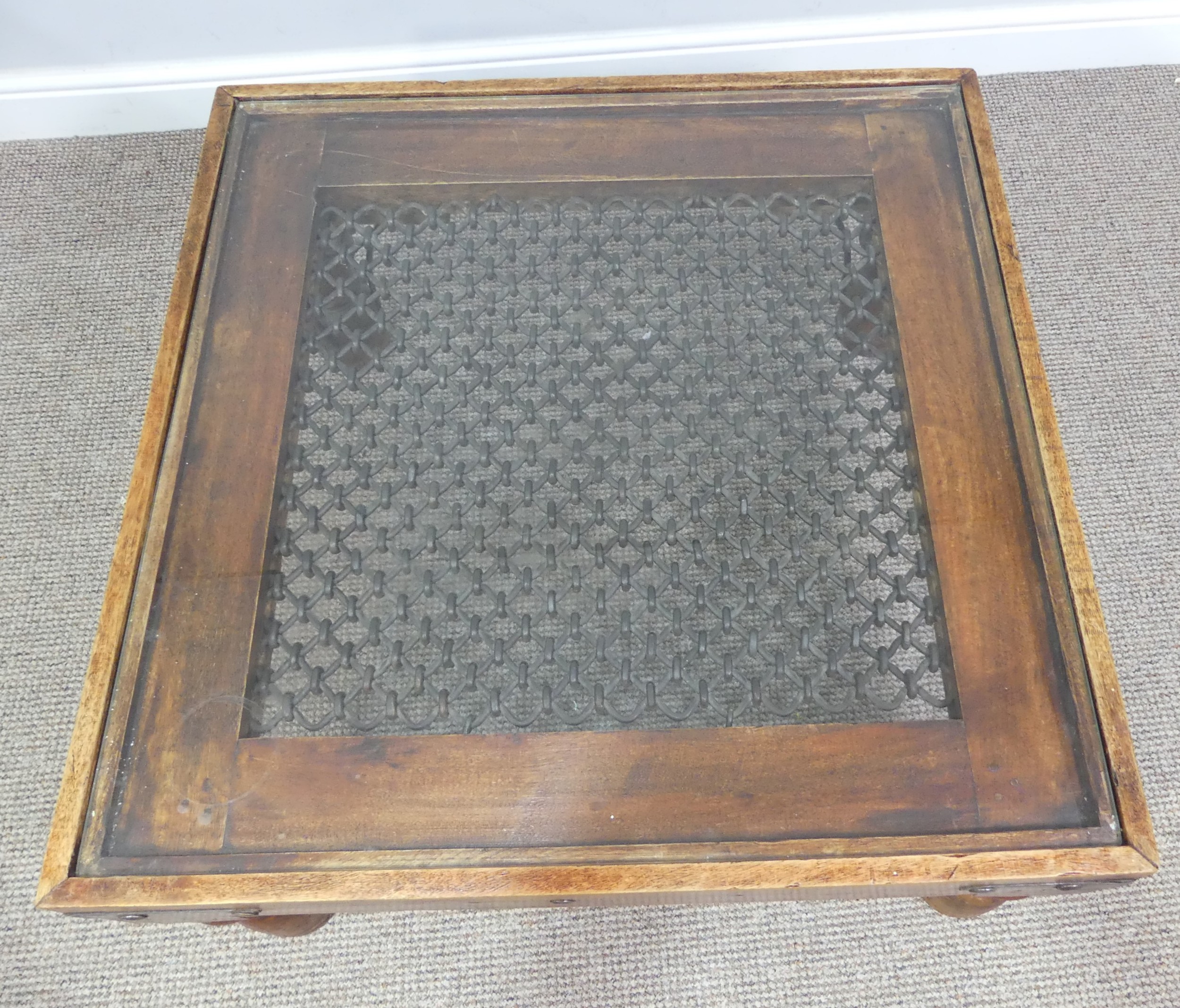 A 20th century rustic style oak and iron Coffee Table with glass top, W 80cm x D 80cm x H 40cm. - Image 2 of 6