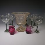 A set of eight antique Wine Glasses, with twisted stem of blues and greens, H 19.5cm, together