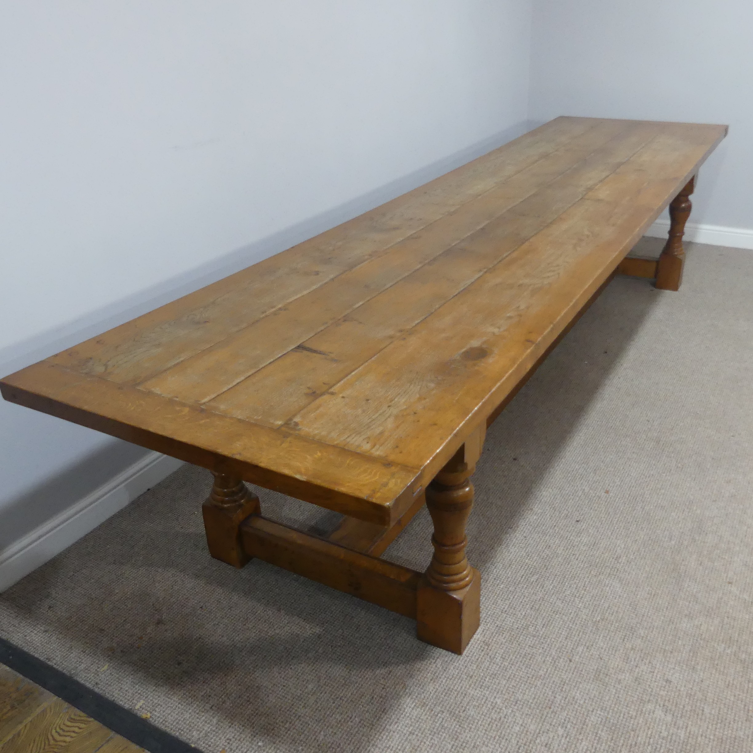 An Early 20thC oak refectory Dining Table, large rectangular four plank top with cleated ends, - Bild 2 aus 5