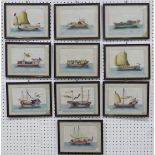 A set of ten Chinese Export paintings of Junks and Sampans, Qing Dynasty, 19th century, on pith