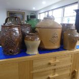 A pair of 19thC salt glazed stoneware Barrels, 30cm high, together with four other saltglazed jars