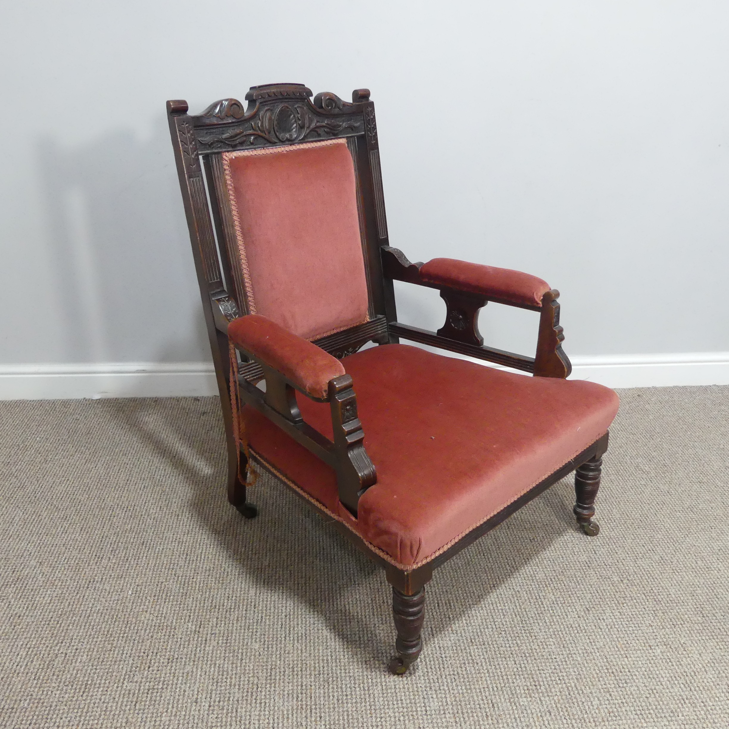 A Victorian upholstered mahogany open Armchair,W 70cm x H 95cm x D 65cm. - Bild 4 aus 7