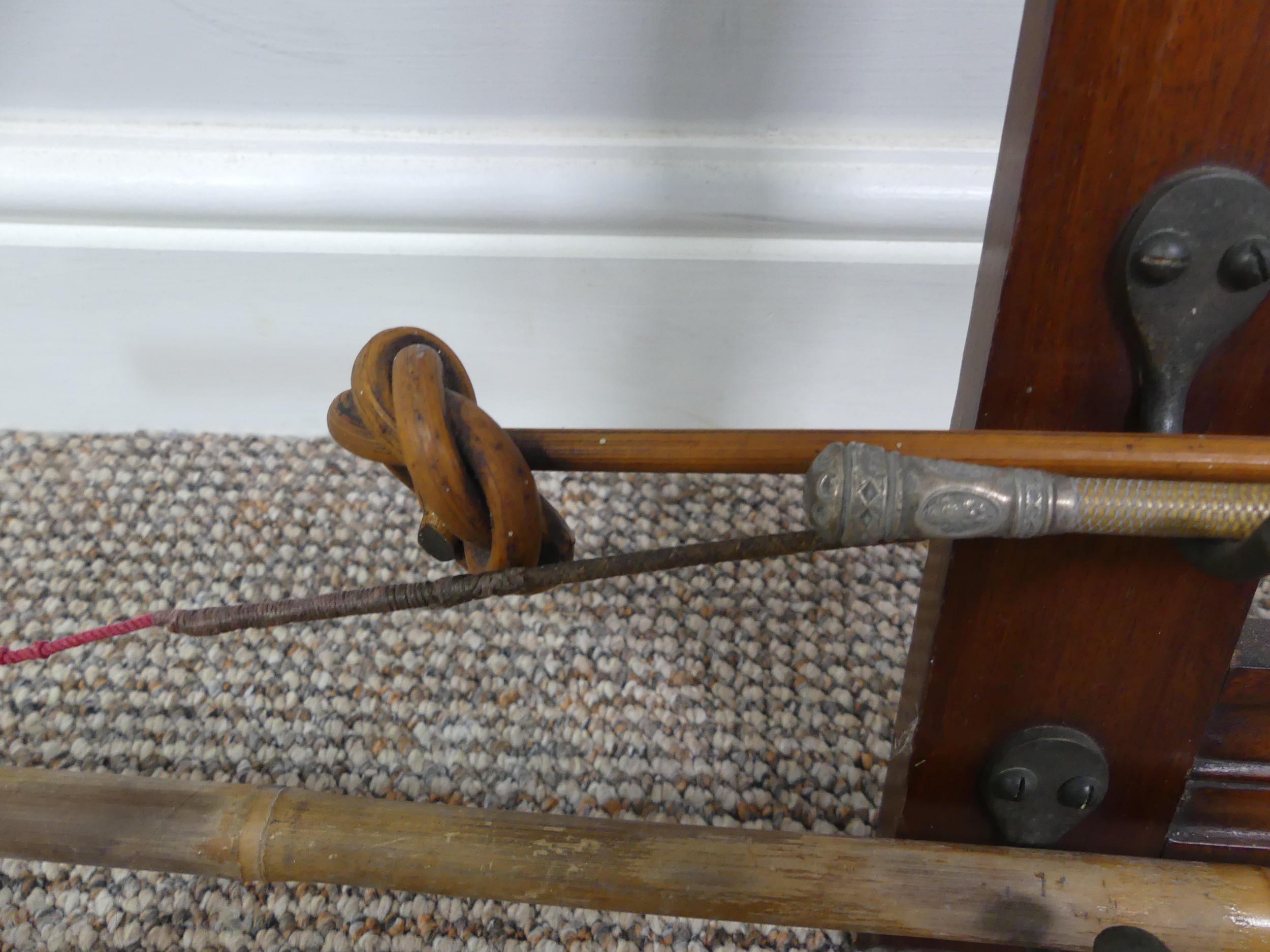 An Edwardian mahogany wall-mounted Stick Stand, with six pairs of hooks, W:51cm x H:61cm, together - Image 10 of 17