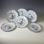 A set of six antique Chinese blue and white Dinner Plates, with geometric border enclosing floral