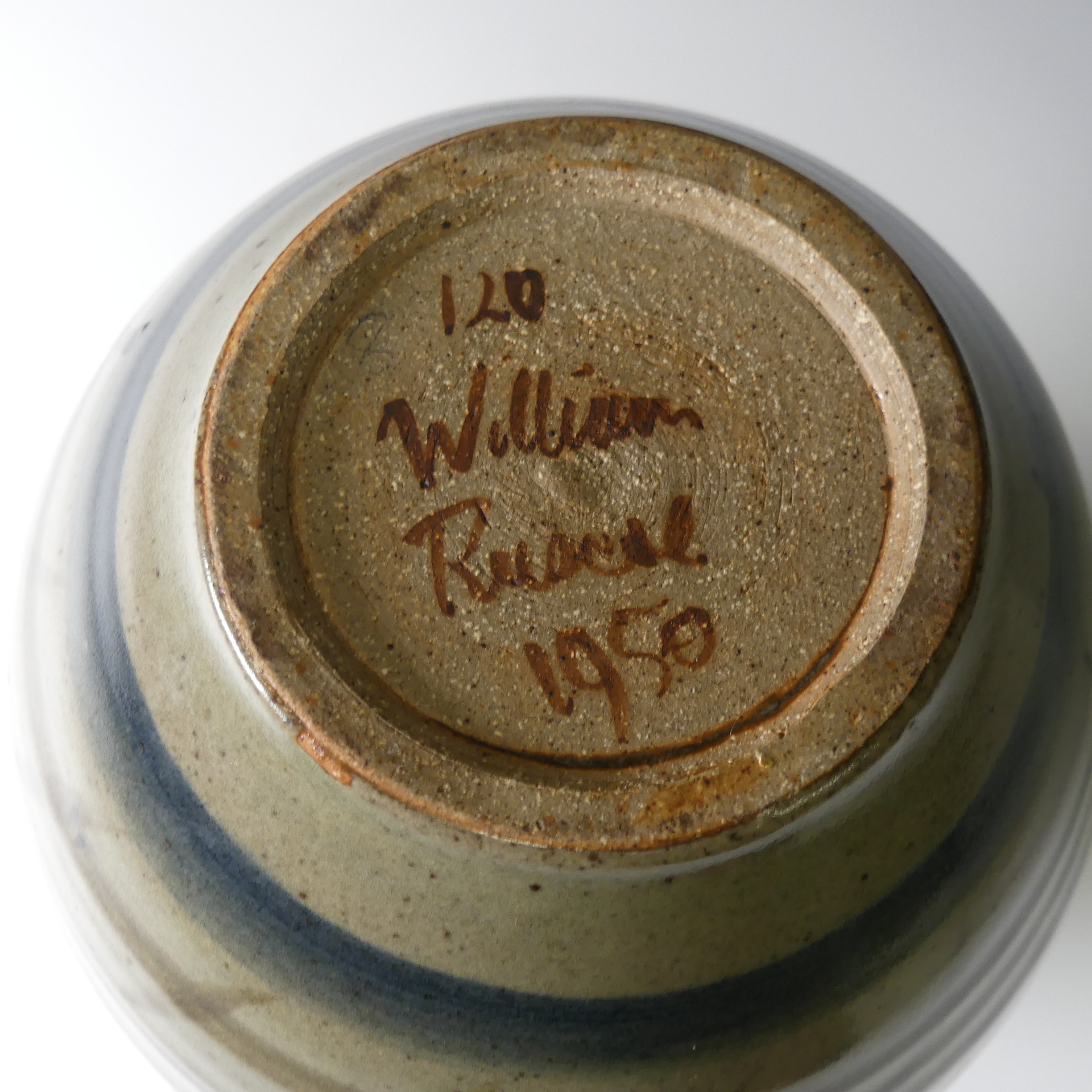 A William Ruscoe studio pottery baluster Vase, decorated in brown and blue banding, with signature - Image 3 of 3