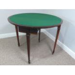 An Edwardian mahogany inlaid demi-lune Card Table, with fold-over top lined with baize, raised on