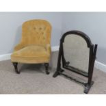 A Victorian upholstered Nursing Chair, with yellow velvet upholstery, on turned front legs with