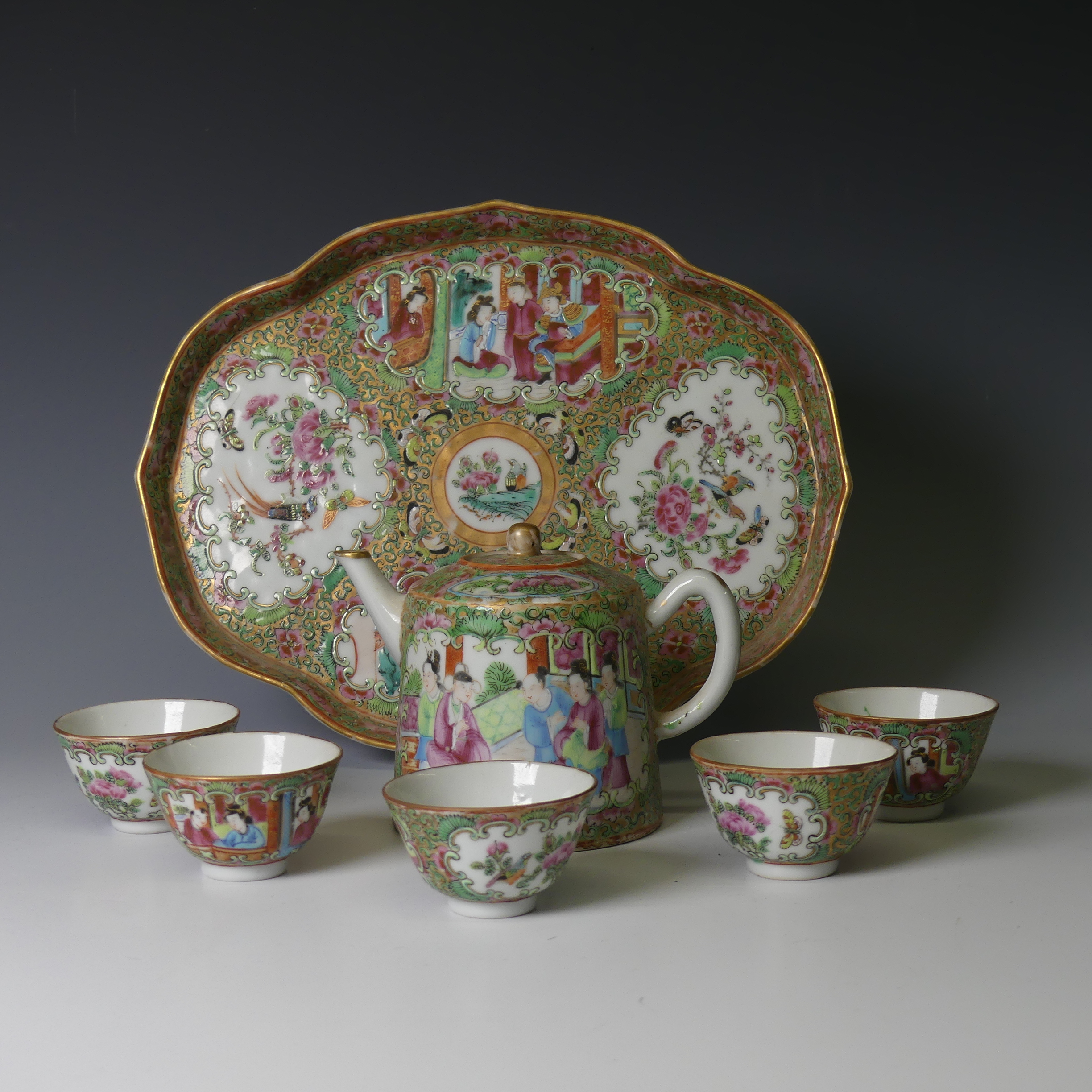 A 19thC Chinese famille rose minature Tea Set, comprising Tea Tray, L 26cm x W 19cm, Teapot and five - Image 2 of 9