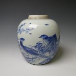 An antique Chinese blue and white Ginger Jar, decorated with cranes and prunus trees, lacks Cover,