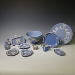 A Wedgwood pale blue Jasperware footed Bowl, together with Salt and Pepper, Pin Trays, Pill Box,