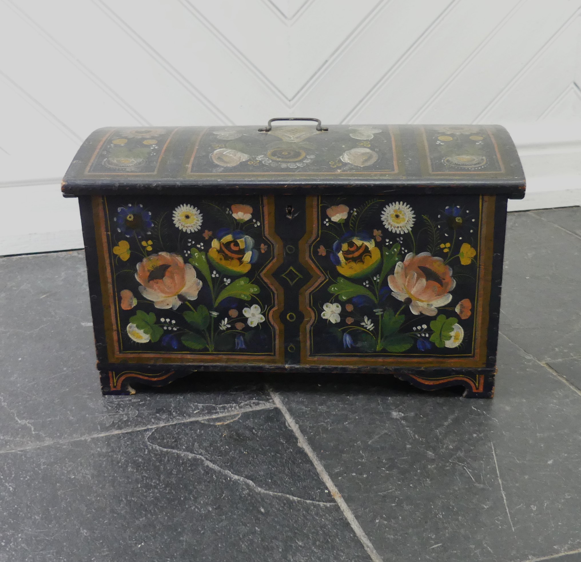 A decorative Bargeware painted domed Trunk, of a small size, W 45cm x H 26cm x D 24cm, together with