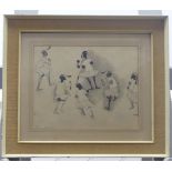 20th century school, Dancers G'Naoua, pencil, ink and wash sketch, signed under overmount with