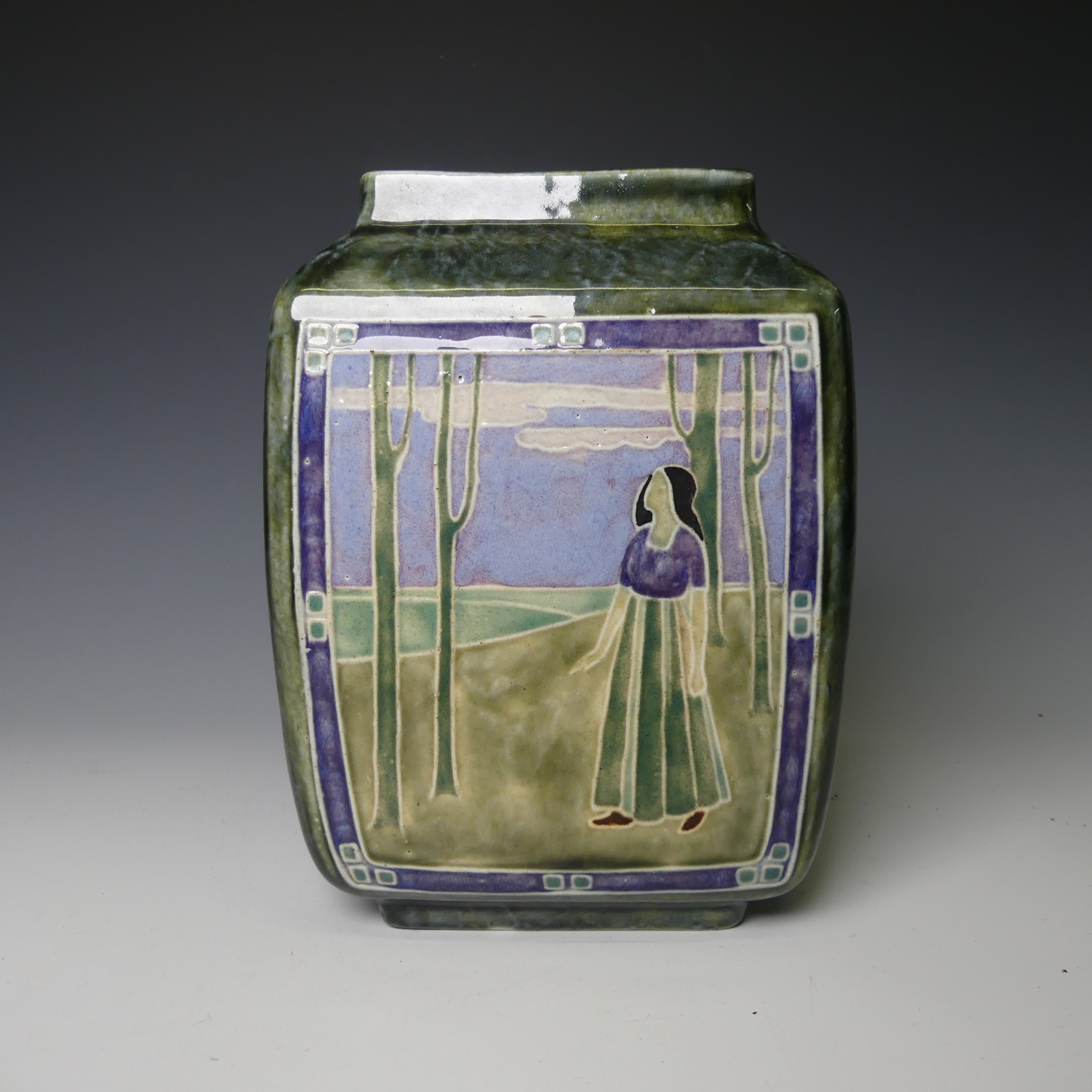 Leslie Harradine (1887-1965) for Royal Doulton, a stoneware Art Nouveau square Vase, depicting a