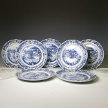 A set of nine Chinese blue and white Dinner Plates, all decorated with riverside village