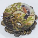 A vintage wooden Tambourine, the skin painted with birds and nest of eggs, 23cm diameter.