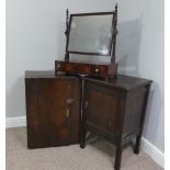 Two associated oak bedside cupboards paired with a 19thC mahogany toilet mirror, latch on the
