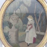 A George III needlework oval picture, depicting Charlotte at the tomb of Werter, in oval giltwood